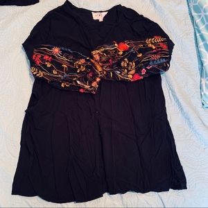 Black Top with Floral Embroidered Sleeves, 1X